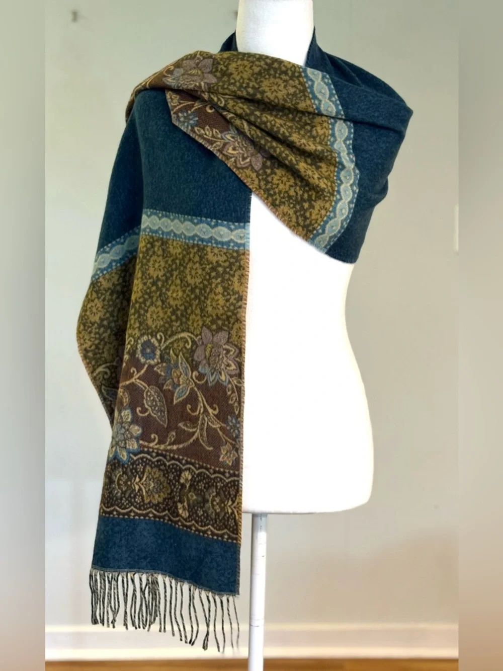 FRAAS Germany Cashmink Floral Fringe Scarf in Teal, Tan and Purple